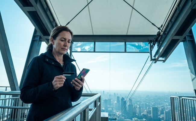 A person adult person stands at an aerial-tram platform rail with an abstract phone and plain card while preparing a written billing-error notice.