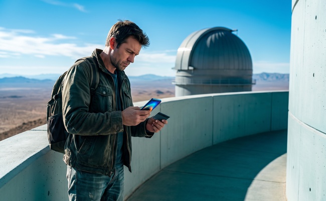 A person adult person tracks delivery timing with an abstract phone and plain card on a bright observatory walkway before disputing a credit-card billing error.