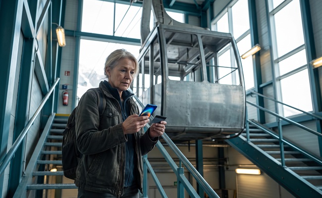 A person older adult person reviews an issuer response on an abstract phone while holding a plain card in an alpine cable-car maintenance bay.