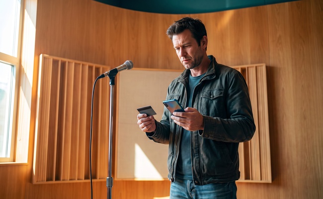 A person adult person prepares an escalation record beside an empty microphone stand while holding an abstract phone and plain card.