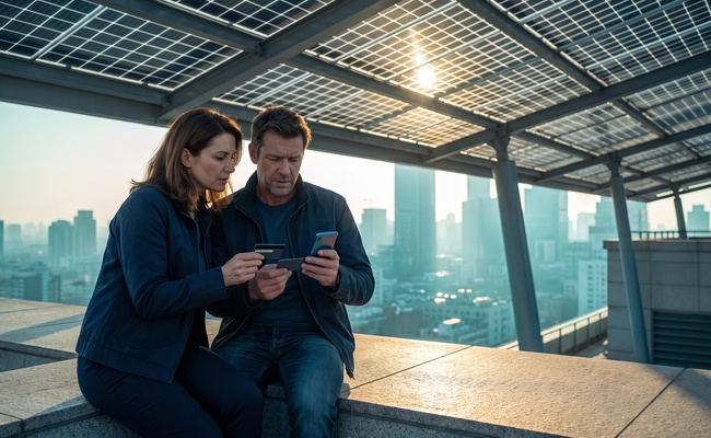 Two adults compare a statement problem and next step with abstract phones and plain cards on a rooftop solar terrace.
