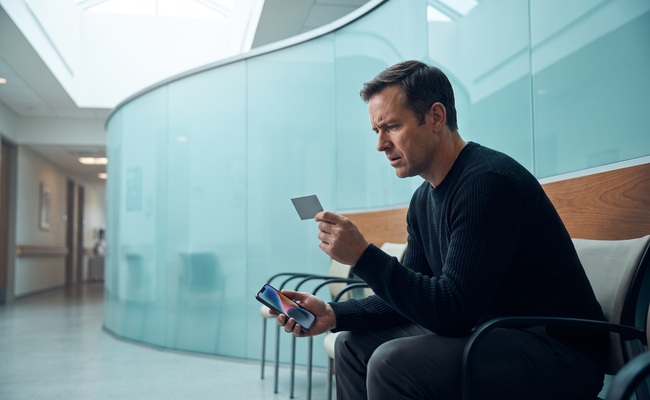 A person adult person waits in a community-health-clinic alcove while a merchant refund request remains unresolved in a credit card chargeback vs refund decision.
