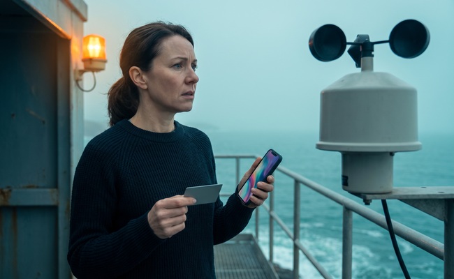 A person adult person checks an abstract phone on a coastal observatory deck while a credit card chargeback vs refund deadline approaches.