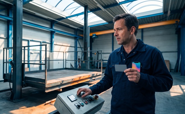 A person adult person stands beside a stationary elevator-testing platform while an issuer reviews a credit card chargeback vs refund dispute.