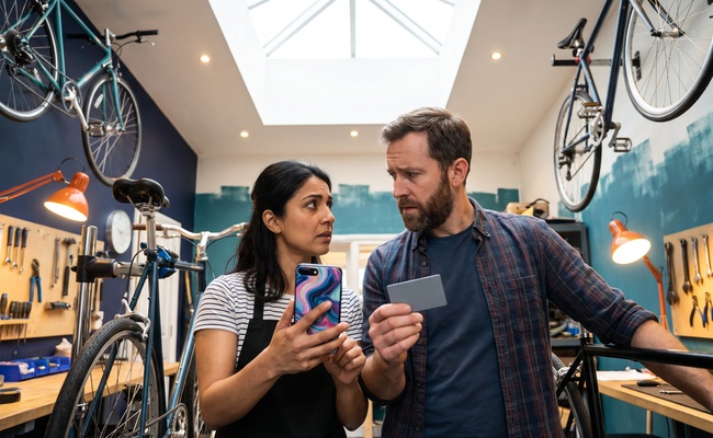 A person concerned adults compare an abstract phone and plain payment card at a bicycle-co-op repair classroom while discussing a credit card chargeback vs refund next step.