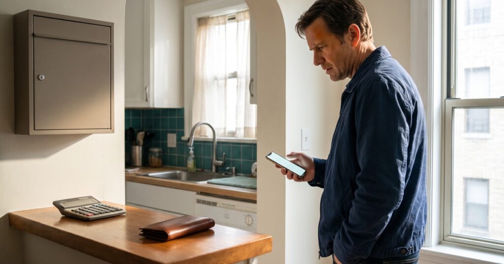 A worried adult person considers a hardship plan vs debt settlement choice beside a closed mailbox, phone, empty wallet, and calculator in a bright apartment entryway.