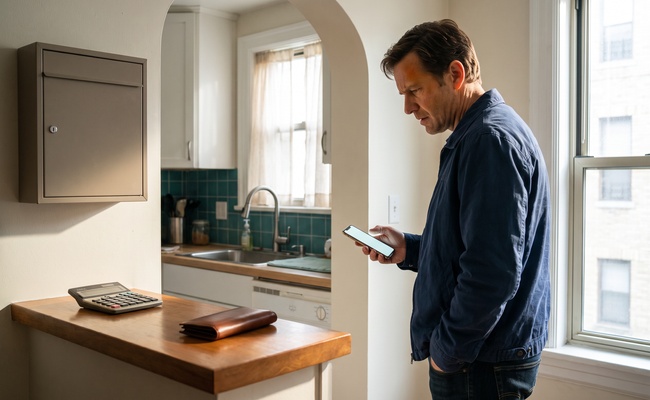 A person considers a hardship plan vs debt settlement choice beside a closed mailbox, blank phone, empty wallet, and calculator in a bright apartment entryway.