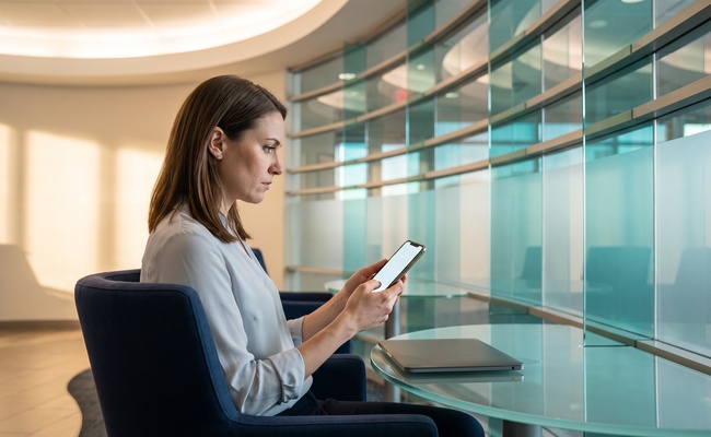 A person adult person reviews blank phone terms while comparing a hardship plan vs debt settlement option in a bright consultation lounge.