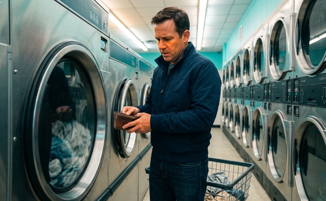 A person adult person checks an empty wallet while considering hardship plan vs debt settlement completion risk in a bright laundromat.