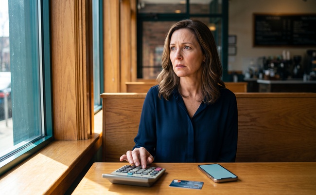 A person adult person uses a calculator while weighing hardship plan vs debt settlement tax uncertainty in a bright café booth.
