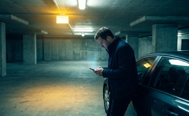 A person adult person looks at a blank phone beside a parked car while facing hardship plan vs debt settlement credit uncertainty in a bright parking garage.