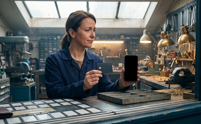 A person considers whether to close a credit card after payoff while holding a plain card and abstract phone beside a closed locksmith service counter.