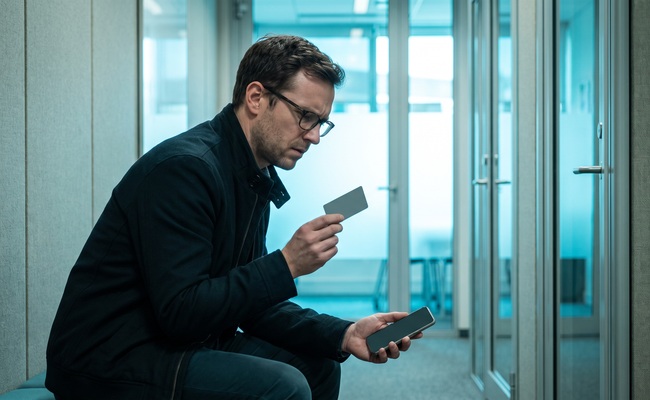 A person adult person confirms whether to close a credit card after payoff while checking a plain card and abstract phone in a university language-lab corridor.