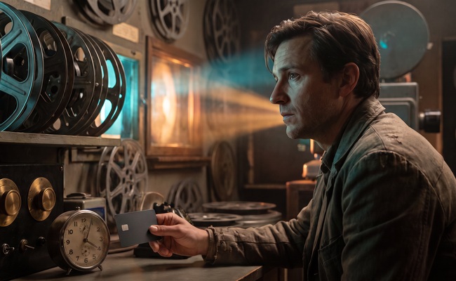 A person adult person considers account history and timing before deciding whether to close a credit card after payoff in a theater projection booth.