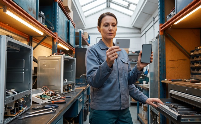 A person adult person checks a plain card and abstract phone while documenting whether to close a credit card after payoff in an appliance-repair bay.