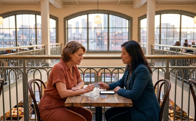 Two adults compare a keep-or-close decision about whether to close a credit card after payoff at a public-market mezzanine.