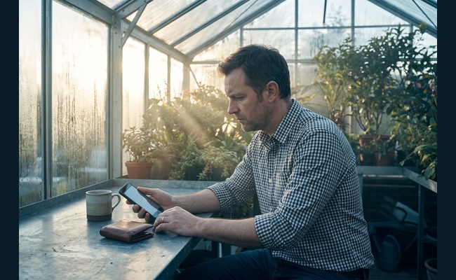 A person sits in a bright rooftop greenhouse with a blank phone and closed wallet, worried as he prepares to negotiate credit card annual fee.