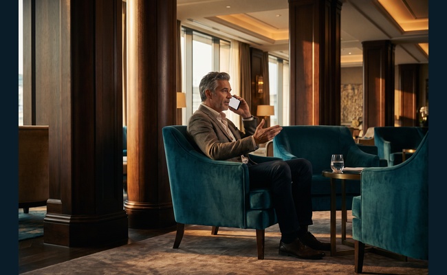 A person adult person makes a careful issuer call from a hotel lounge while preparing to negotiate credit card annual fee.