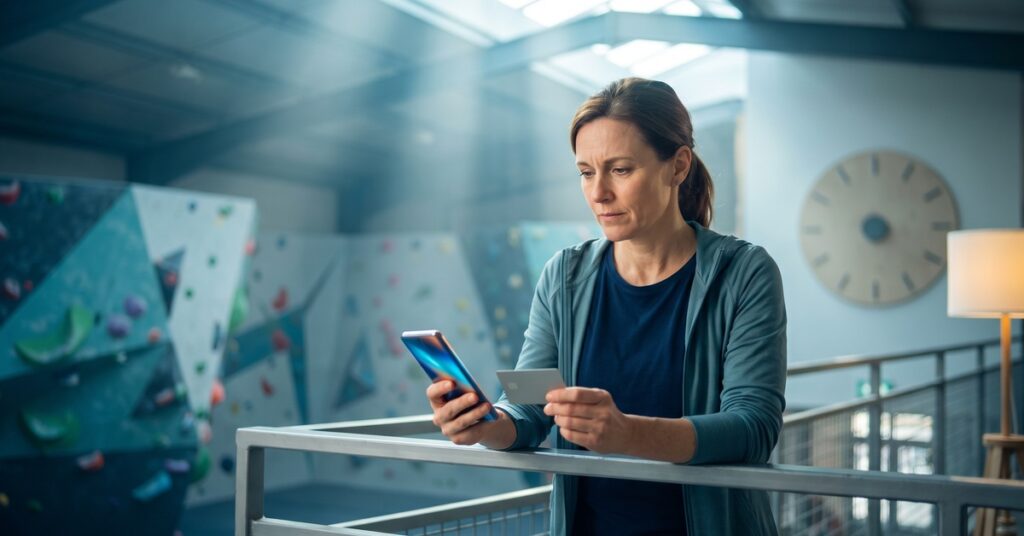 A person looks worried in a bright climbing-gym mezzanine after a large appliance purchase as she decides whether to pay before the statement closes.
