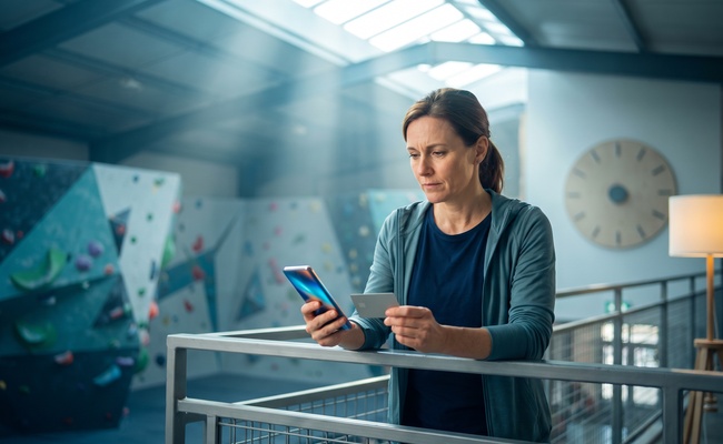 A person stands with a blank phone and plain card in a climbing-gym mezzanine, worried as she decides whether to pay before the statement closes.