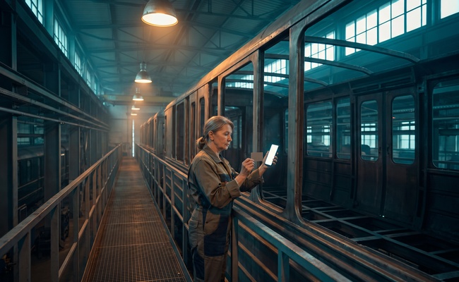 A person older person checks a blank phone and plain card beside a restored railway carriage while verifying what changed after she chose to pay before the statement closes.