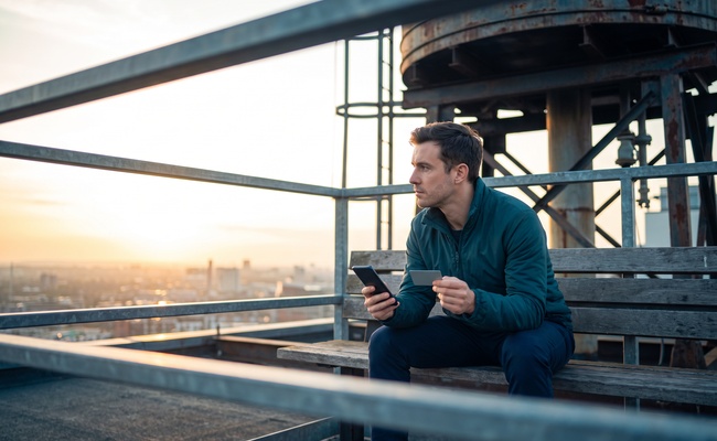 A young person considers a measured credit goal on a rooftop water-tower deck while deciding whether to pay before the statement closes.