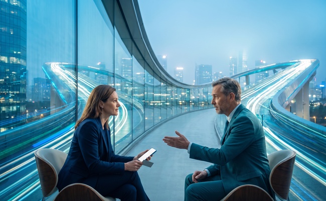 Two adults consider realistic credit-report timing in a bright skybridge lounge while discussing whether to pay before the statement closes.