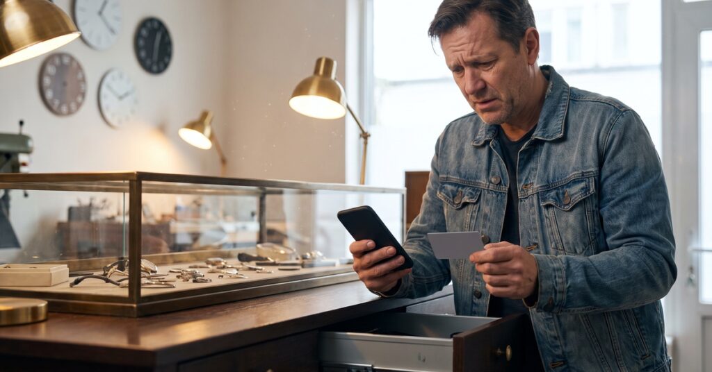 A person looks worried beside a plain card and blank phone in a bright watchmaker workshop after a credit card overpayment creates an unfamiliar negative balance.