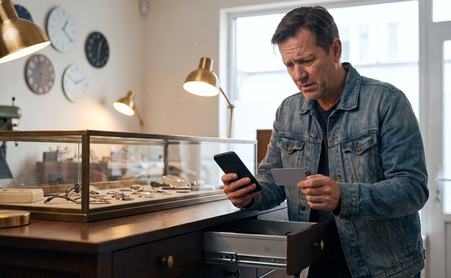A person studies a plain card and blank phone at a watchmaker workshop counter after a credit card overpayment creates an unfamiliar negative balance.