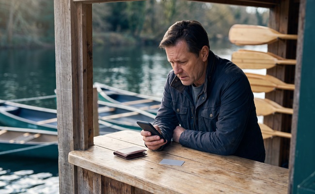 A person studies a blank phone at a riverside canoe kiosk after autopay and a manual payment create a credit card overpayment.