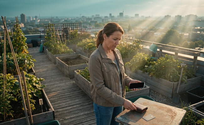 A person checks a blank phone beside a closed wallet in a rooftop garden while protecting cash flow after a credit card overpayment.
