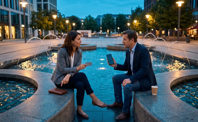 Two adults discuss whether a credit card overpayment should be refunded or left as an account credit beside an urban plaza fountain.