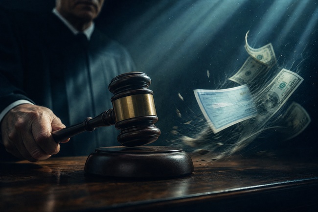 Gavel striking as wages and bank funds are seized under a default judgment for debt
