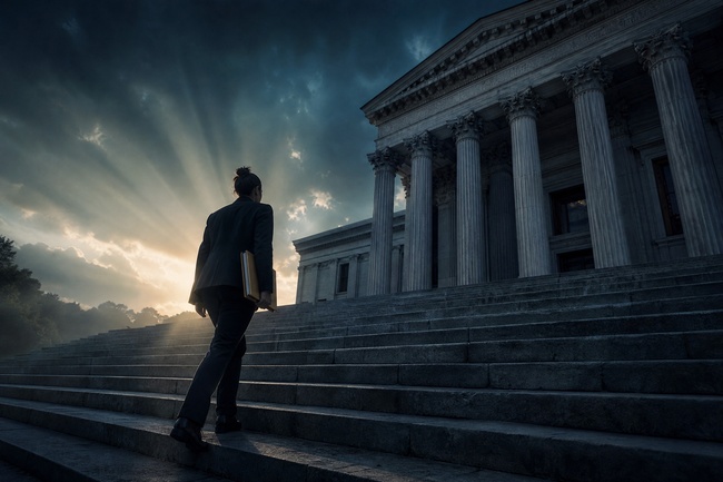 Person climbing courthouse steps at dawn to file a motion to vacate a default judgment