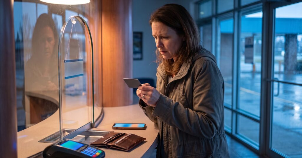 A worried adult person decides whether to use credit card during debt payoff beside a closed water-service window.