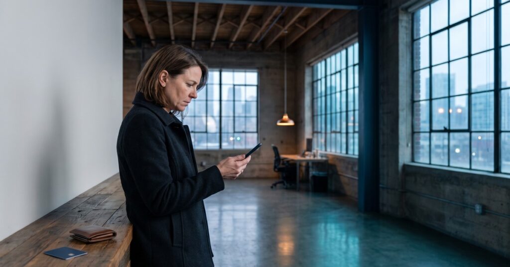 A worried adult person notices a reversed credit card payment on a blank phone in a morning co-working loft.