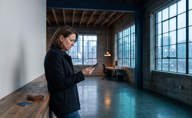 A person stands in a morning co-working loft after discovering a reversed credit card payment, with a blank phone and closed wallet.