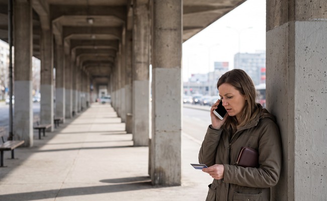 A person adult person makes a careful call about a reversed credit card payment near a due date in a covered bus terminal.