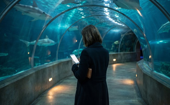 A person adult person reviews autopay after a reversed credit card payment while walking through a blue aquarium tunnel.