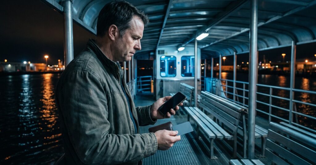 A worried adult person checks a blank phone after a pending credit card payment remains unresolved on a night ferry terminal deck.