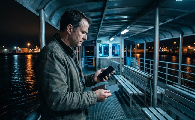 A person notices a pending credit card payment on a blank phone at a covered night ferry terminal while hesitating before a duplicate payment.
