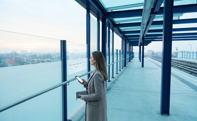 A person adult person compares records for a pending credit card payment with a blank phone on an elevated rail platform.