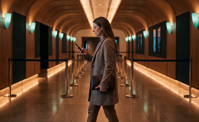 A younger adult person reviews a pending credit card payment and autopay status on a blank phone in a cinema lobby.