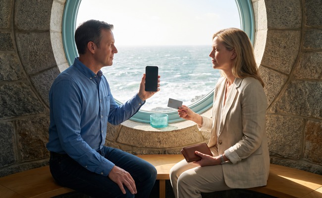 Two adults discuss a missing pending credit card payment and the issuer’s account explanation in a lighthouse visitor center.