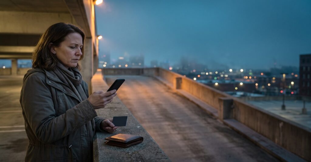 A worried adult person considers a change credit card due date request on a blank phone at an elevated rooftop parking deck before payday.
