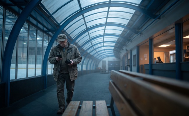 A person older adult person evaluates a change credit card due date request on a blank phone in an indoor ice-rink concourse.