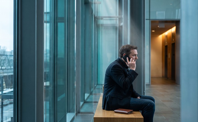 A person adult person asks about a change credit card due date request on a blank phone in a glass civic-tower atrium.