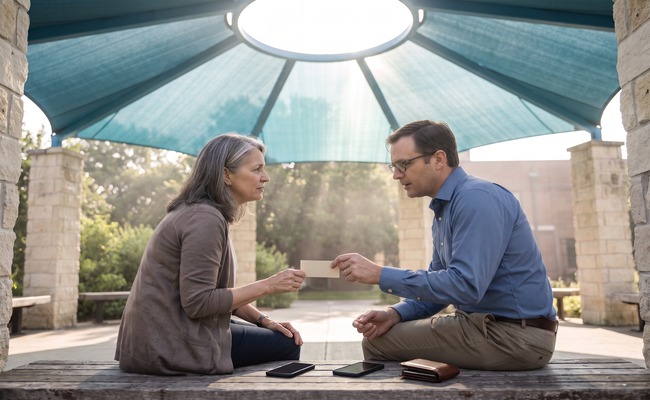 A person and an adult adviser discuss a change credit card due date request with blank phones in a community-center pavilion.