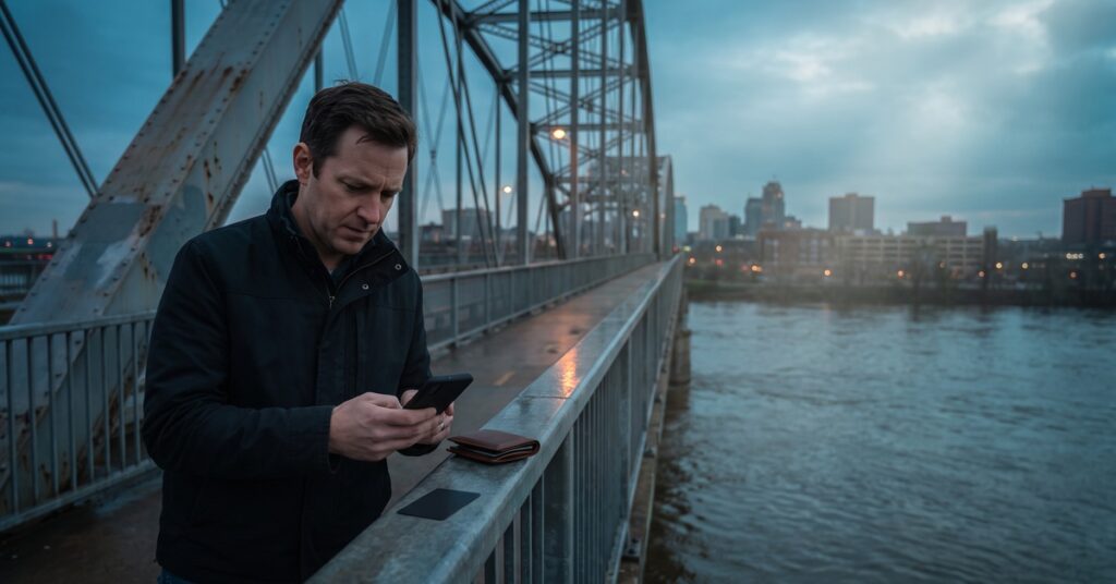 A person considers whether to pay credit card with debit card on a riverfront pedestrian bridge before his credit-card due date.