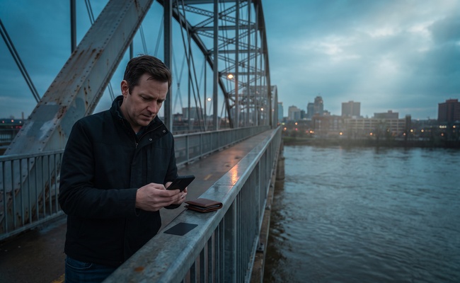 A person checks a blank phone while deciding whether to pay credit card with debit card on a riverfront bridge.